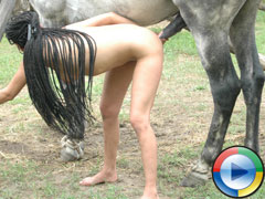 long hair slut pulling horse dick to her tight pussy